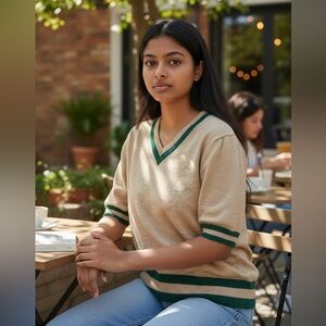 Beige Green Trim V Neck Knit Top S/M Y2K Minimalist Retro Preppy Quiet Luxury